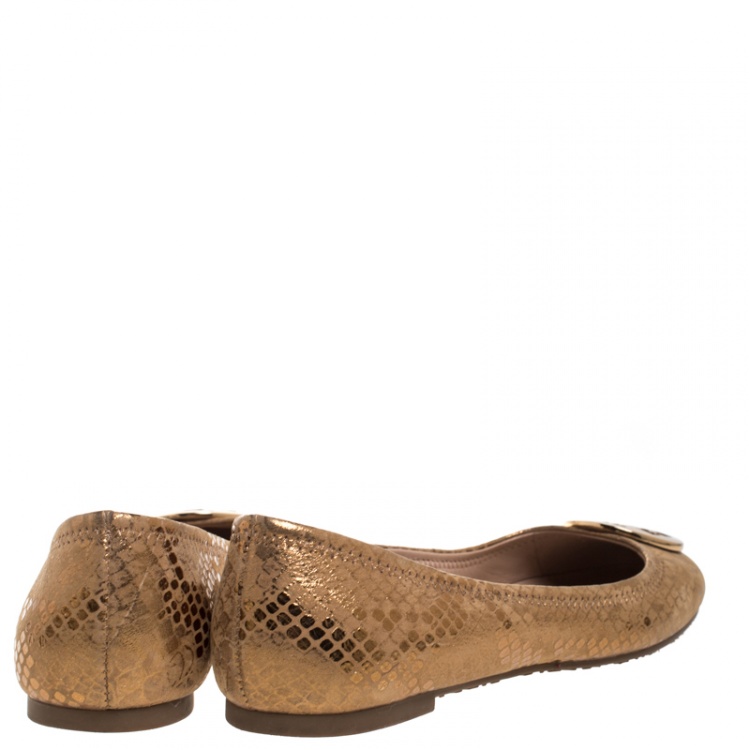 Pre Owned Tory Burch Metallic Gold Foil Textured Suede Reva Ballet Flats Size 37