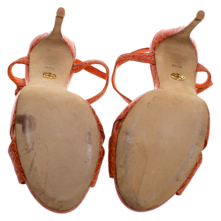 Pre Owned Tory Burch 2 Tone Croc Embossed Leather Cross Strap Peep Toe Sandals Size 38.5