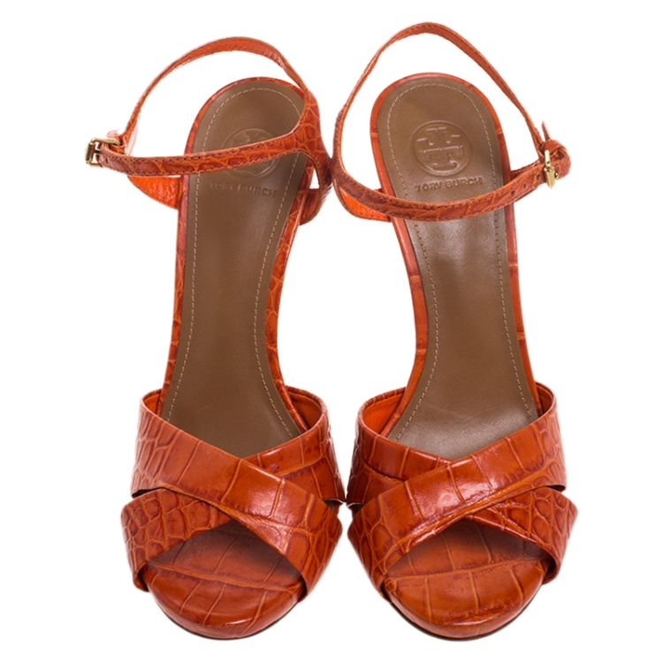 Pre Owned Tory Burch 2 Tone Croc Embossed Leather Cross Strap Peep Toe Sandals Size 38.5