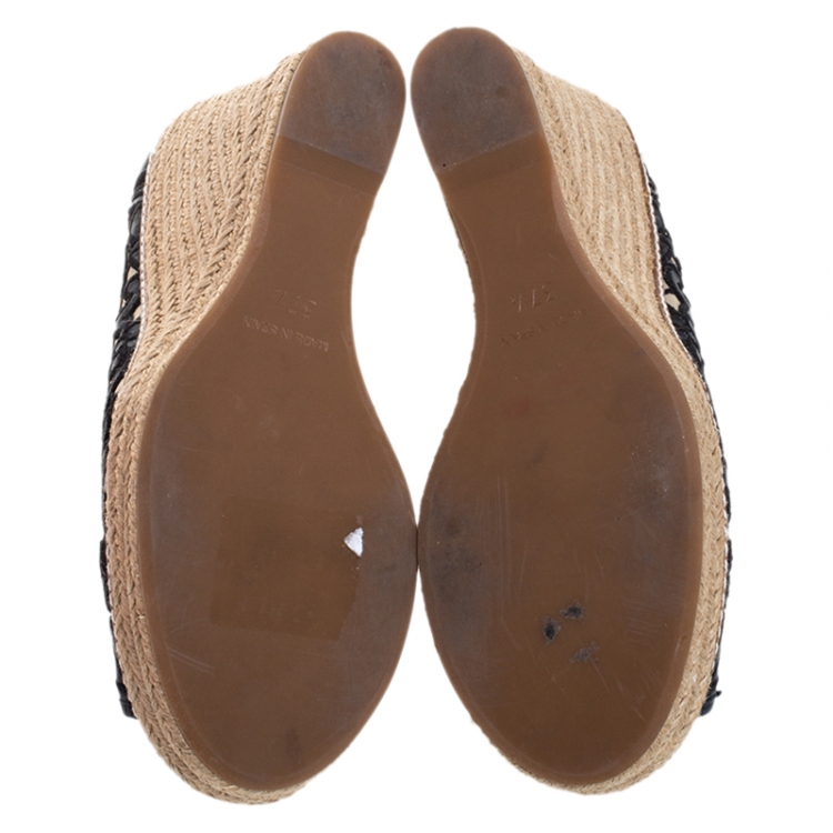 Pre Owned Tory Burch Blue Lucia Lace And Leather Jackie Peep Toe Espadrilles Wedge Pumps Size 37.5