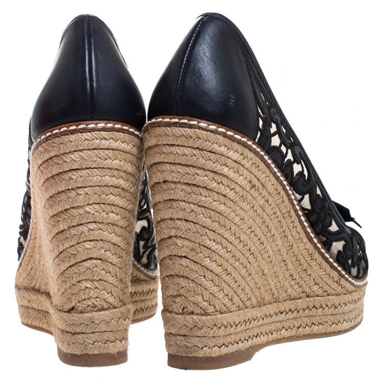 Pre Owned Tory Burch Blue Lucia Lace And Leather Jackie Peep Toe Espadrilles Wedge Pumps Size 37.5