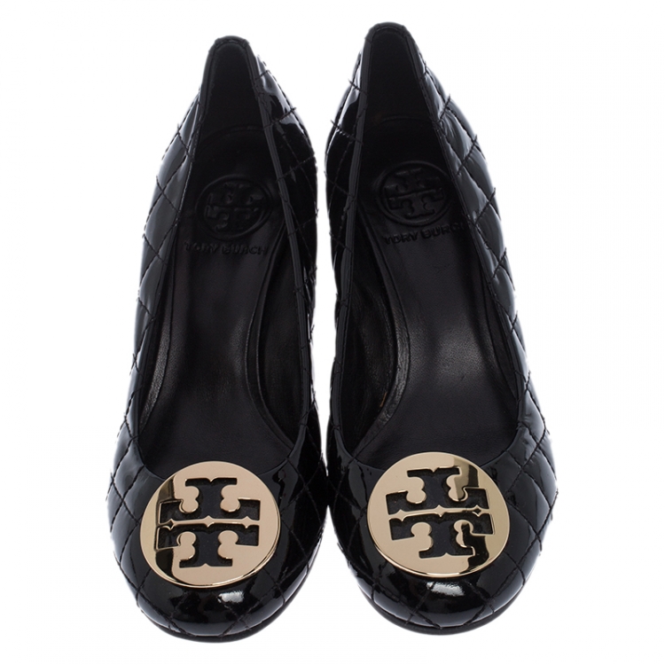 Pre Owned Tory Burch Black Quilted Patent Leather Reva Logo Studded Wedge Pumps Size 36