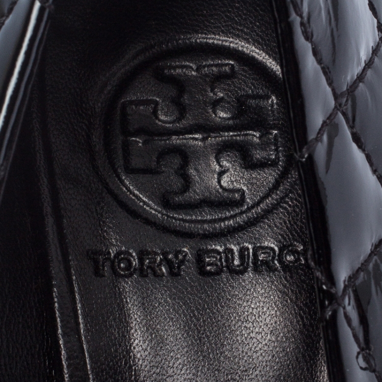 Pre Owned Tory Burch Black Quilted Patent Leather Reva Logo Studded Wedge Pumps Size 36