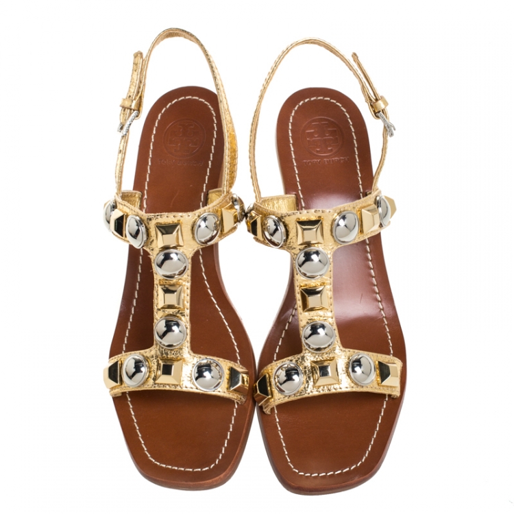 Pre Owned Tory Burch Gold Leather Studded T Strap Slingback Sandals Size 37.5