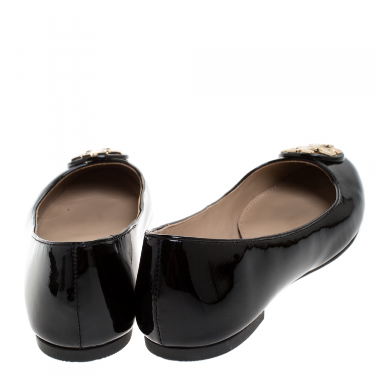 Pre Owned Tory Burch Black Patent Leather Reva Peep Toe Ballet Flats Size 37.5