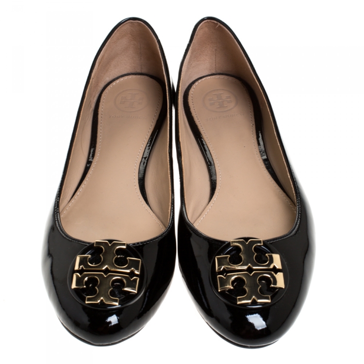 Pre Owned Tory Burch Black Patent Leather Reva Peep Toe Ballet Flats Size 37.5