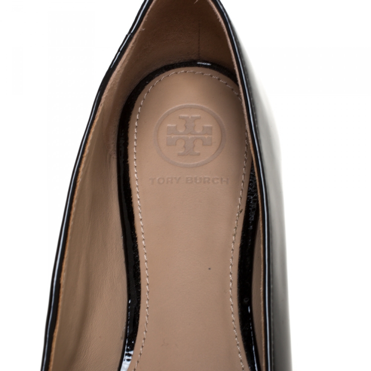 Pre Owned Tory Burch Black Patent Leather Reva Peep Toe Ballet Flats Size 37.5