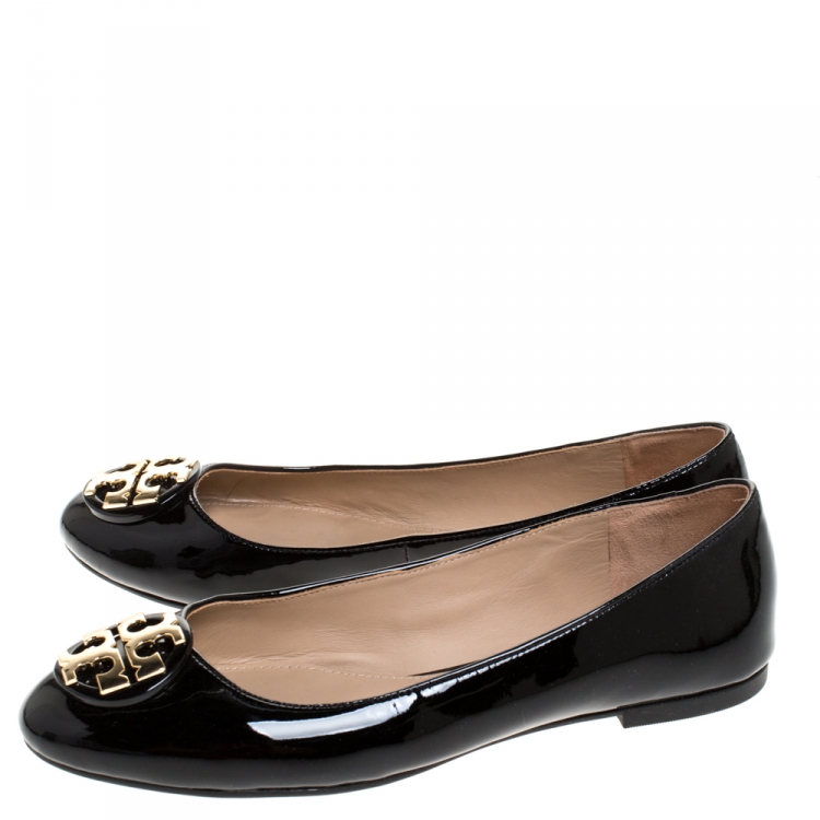 Pre Owned Tory Burch Black Patent Leather Reva Peep Toe Ballet Flats Size 37.5
