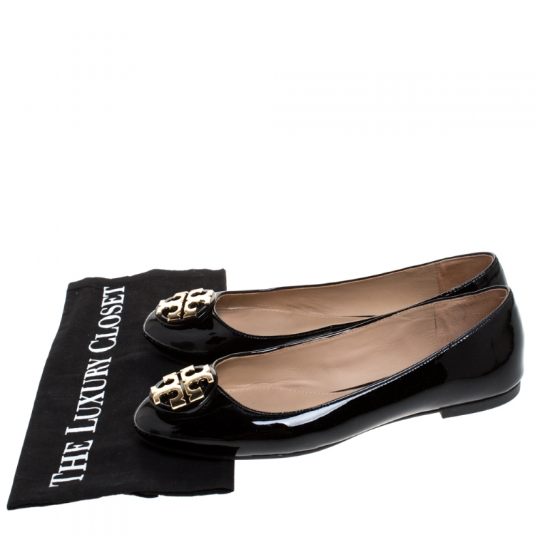 Pre Owned Tory Burch Black Patent Leather Reva Peep Toe Ballet Flats Size 37.5