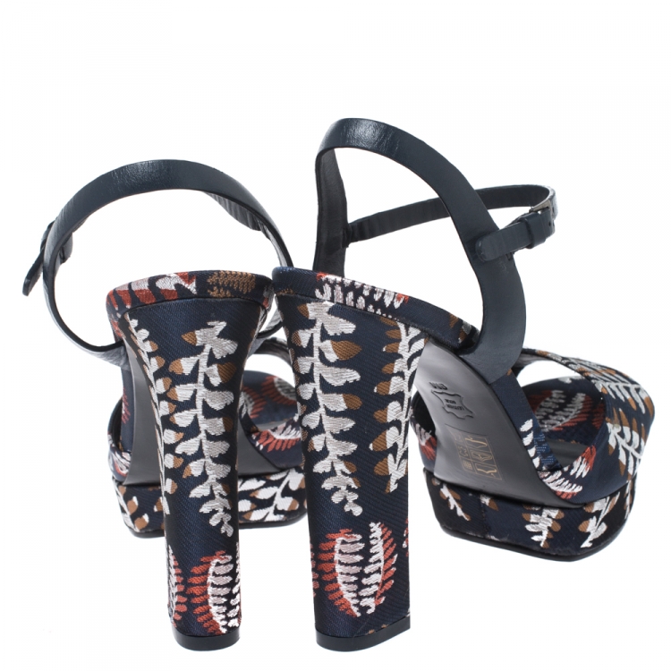 Pre Owned Tory Burch Multicolor Brocade Fabric Platform Ankle Strap Sandals Size 39