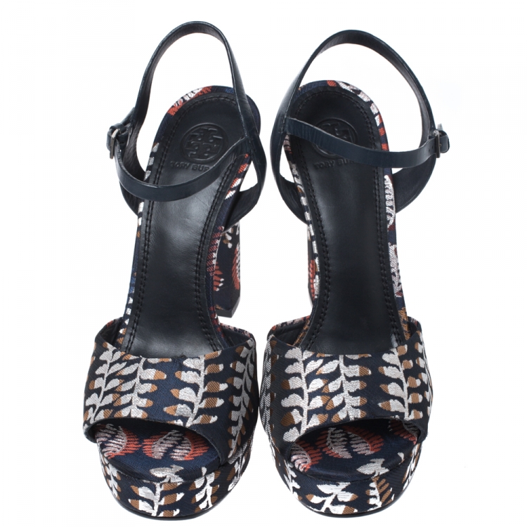 Pre Owned Tory Burch Multicolor Brocade Fabric Platform Ankle Strap Sandals Size 39