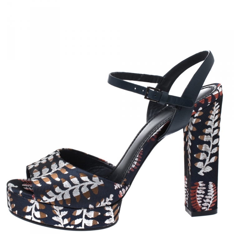 Pre Owned Tory Burch Multicolor Brocade Fabric Platform Ankle Strap Sandals Size 39