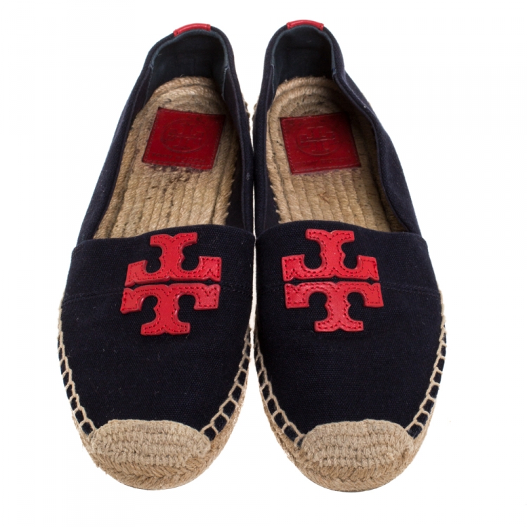 Pre Owned Tory Burch Navy Blue/Red Canvas Weston Espadrilles Flats Size 37.5