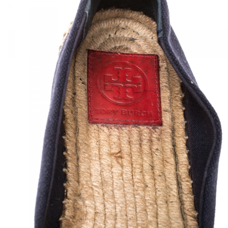Pre Owned Tory Burch Navy Blue/Red Canvas Weston Espadrilles Flats Size 37.5