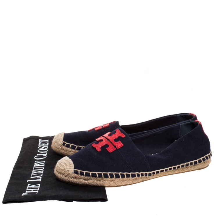 Pre Owned Tory Burch Navy Blue/Red Canvas Weston Espadrilles Flats Size 37.5
