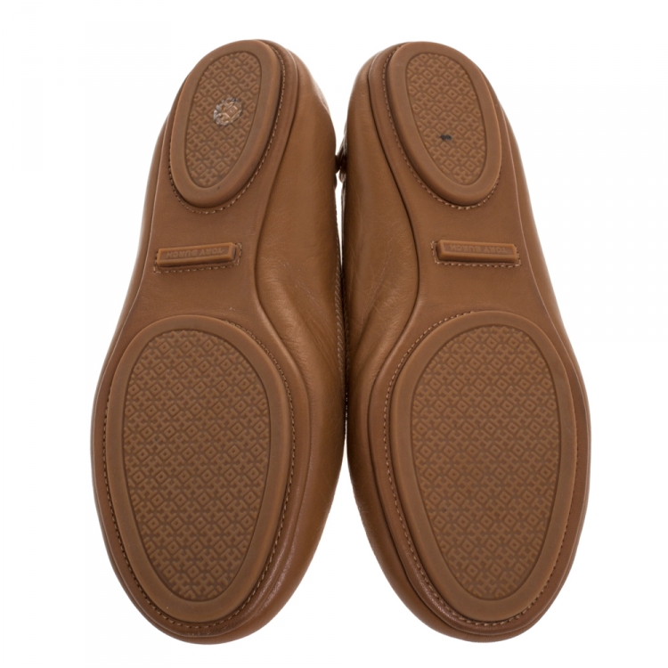 Pre Owned Tory Burch Brown Leather Minnie Scrunch Ballet Flats Size 37