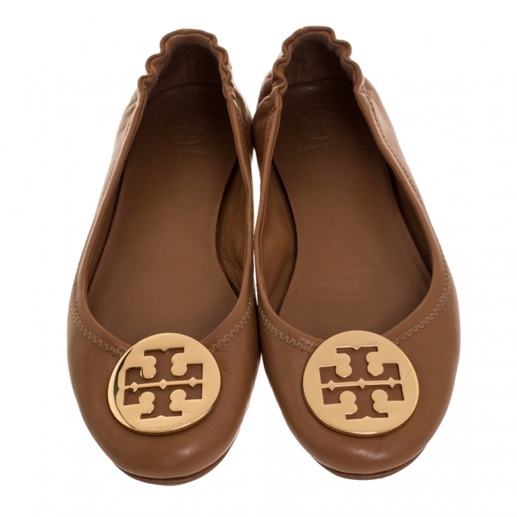Pre Owned Tory Burch Brown Leather Minnie Scrunch Ballet Flats Size 37
