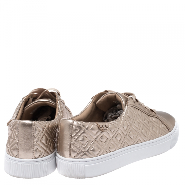 Pre Owned Tory Burch Metallic Rose Gold Marion Quilted Leather Lace Up Sneakers Size 39.5