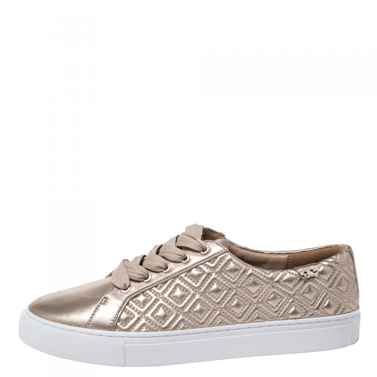 Tory Burch Metallic Rose Gold Marion Quilted Leather Lace Up Sneakers Size   Tory Burch | TLC