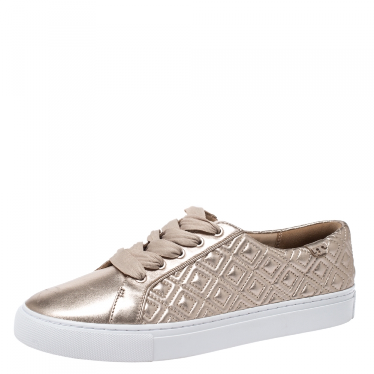 Tory Burch Metallic Rose Gold Marion Quilted Leather Lace Up Sneakers Size   Tory Burch | TLC