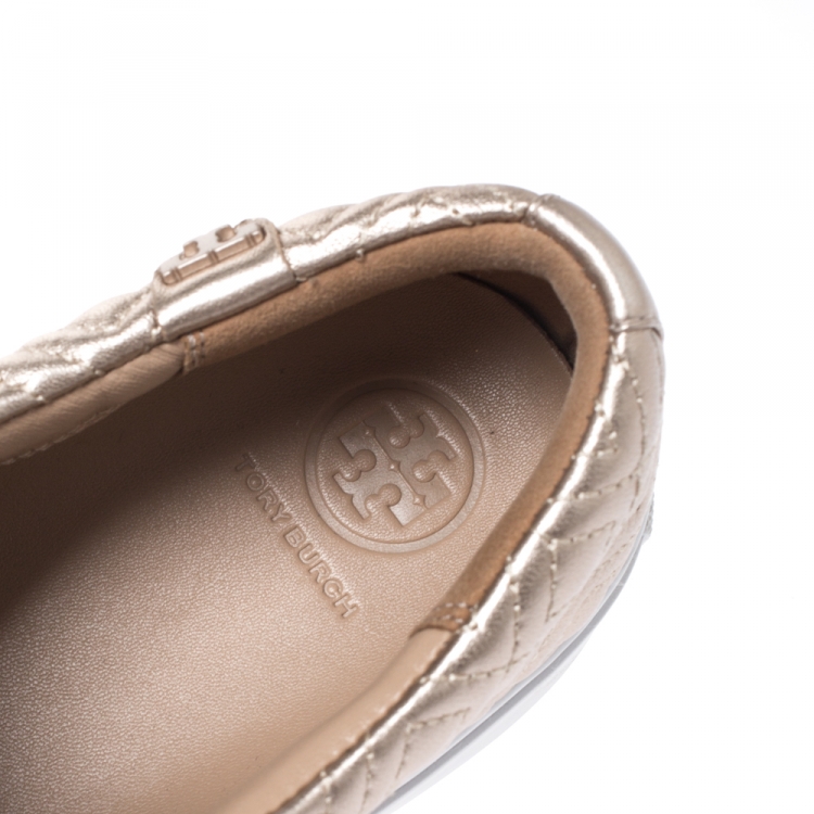 Pre Owned Tory Burch Metallic Rose Gold Marion Quilted Leather Lace Up Sneakers Size 39.5