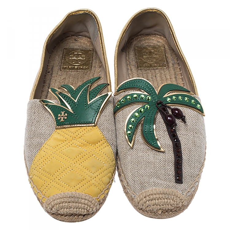 Pre Owned  Tory Burch Beige Canvas Applique Embellished Castaway Espadrille Flats Size 39.5