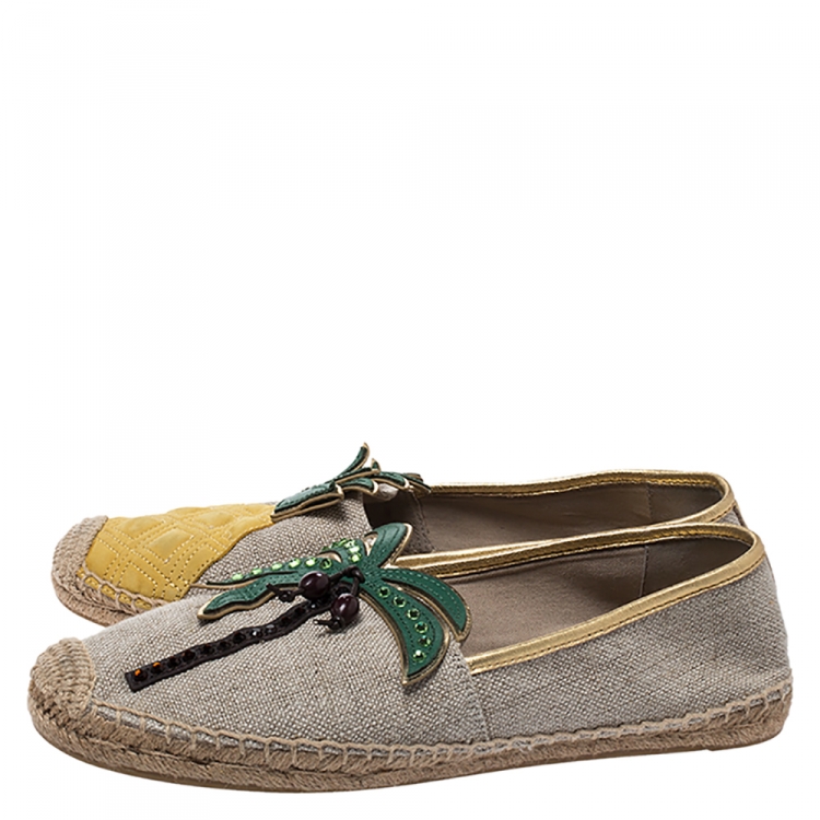 Pre Owned  Tory Burch Beige Canvas Applique Embellished Castaway Espadrille Flats Size 39.5