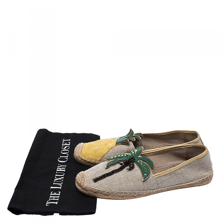 Pre Owned  Tory Burch Beige Canvas Applique Embellished Castaway Espadrille Flats Size 39.5
