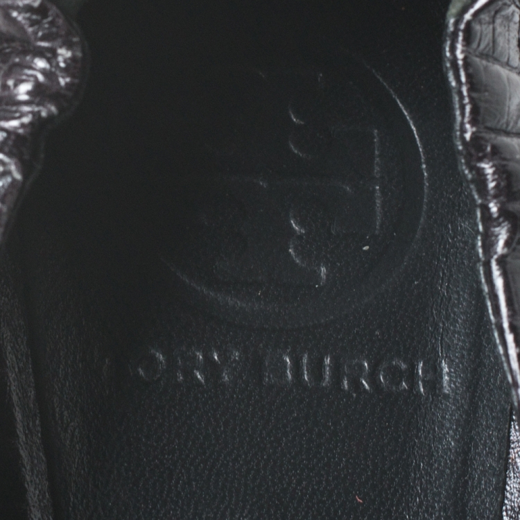 Pre Owned Tory Burch Black Lizard Embossed Leather Reva Scrunch Ballet Flats Size 39.5