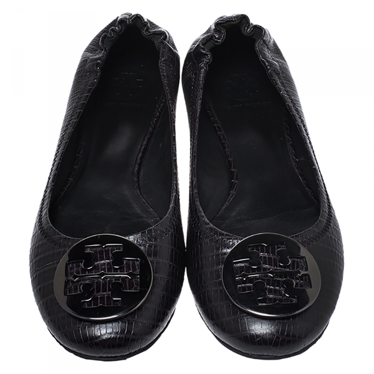 Pre Owned Tory Burch Black Lizard Embossed Leather Reva Scrunch Ballet Flats Size 39.5