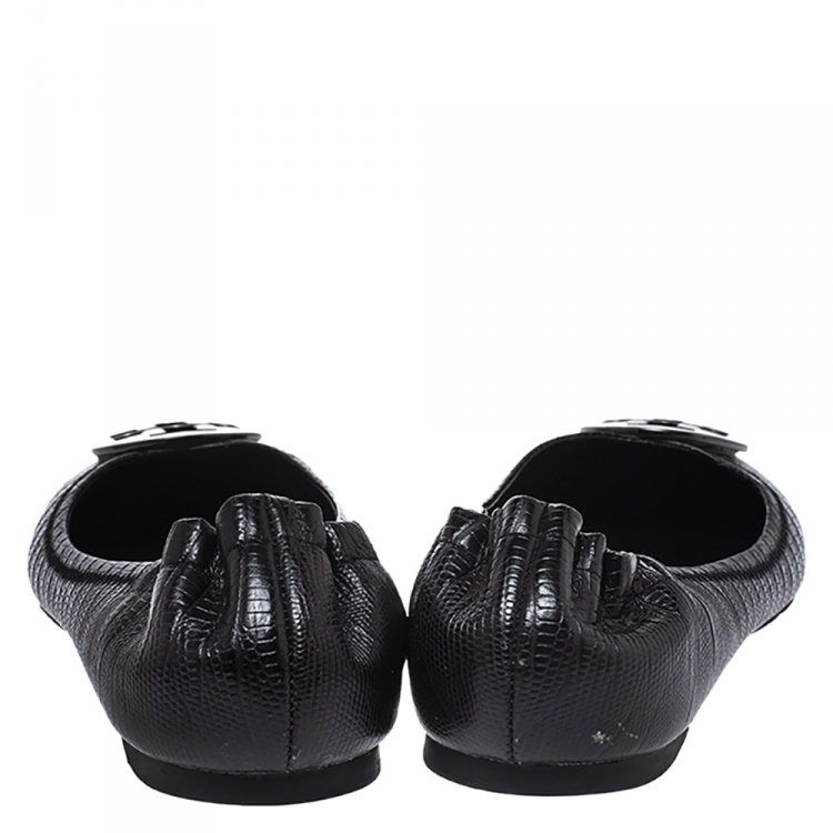 Pre Owned Tory Burch Black Lizard Embossed Leather Reva Scrunch Ballet Flats Size 39.5
