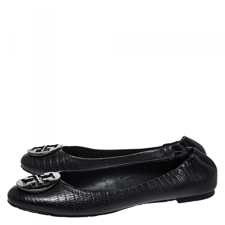 Pre Owned Tory Burch Black Lizard Embossed Leather Reva Scrunch Ballet Flats Size 39.5