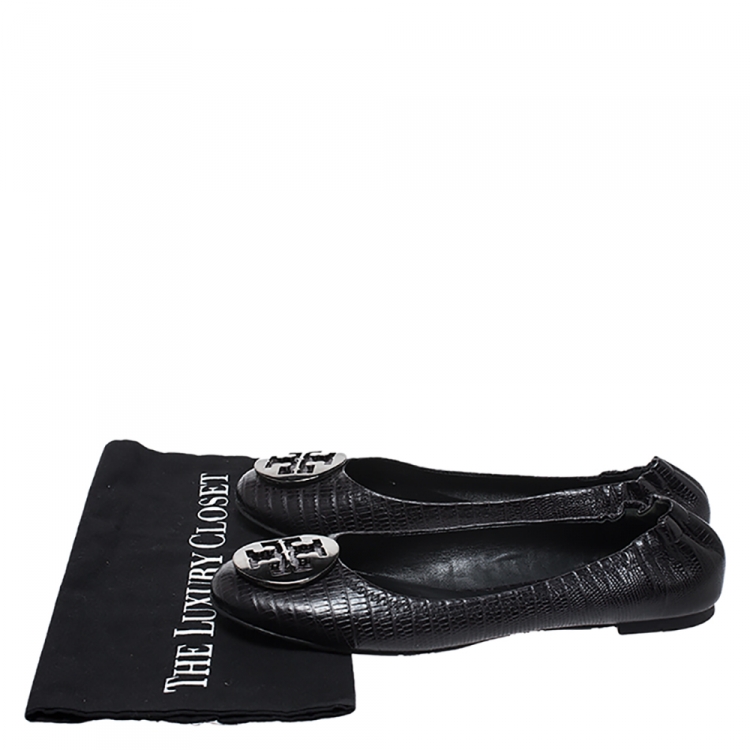 Pre Owned Tory Burch Black Lizard Embossed Leather Reva Scrunch Ballet Flats Size 39.5