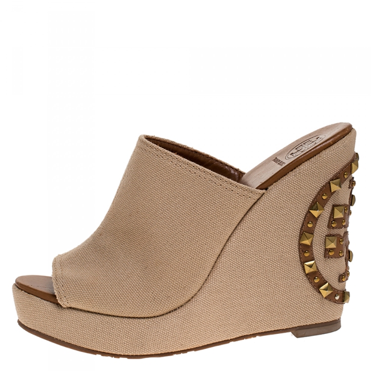 Tory Burch Beige Canvas Studded Wedge Open Toe Sandals Size  Tory Burch  | TLC