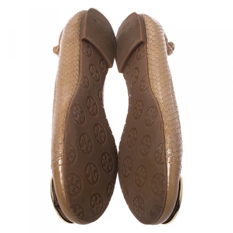 Pre Owned Tory Burch Beige Python Embossed Leather Logo Ballet Flats Size 35.5