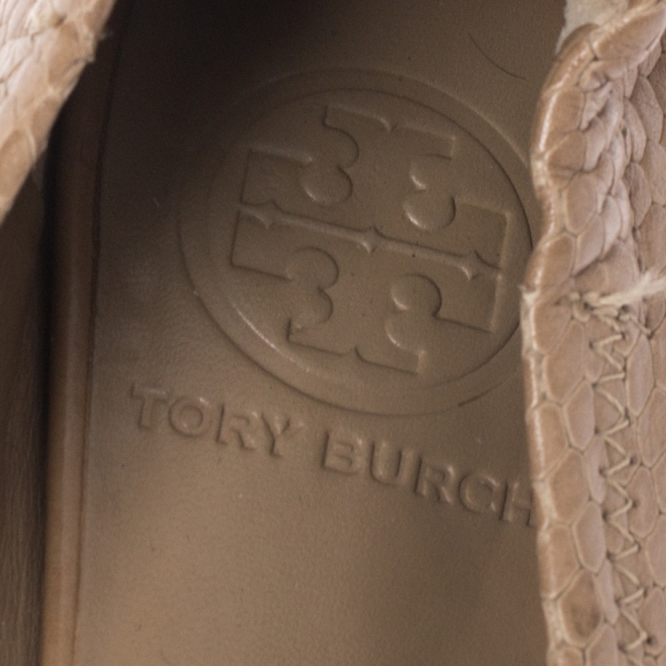 Pre Owned Tory Burch Beige Python Embossed Leather Logo Ballet Flats Size 35.5