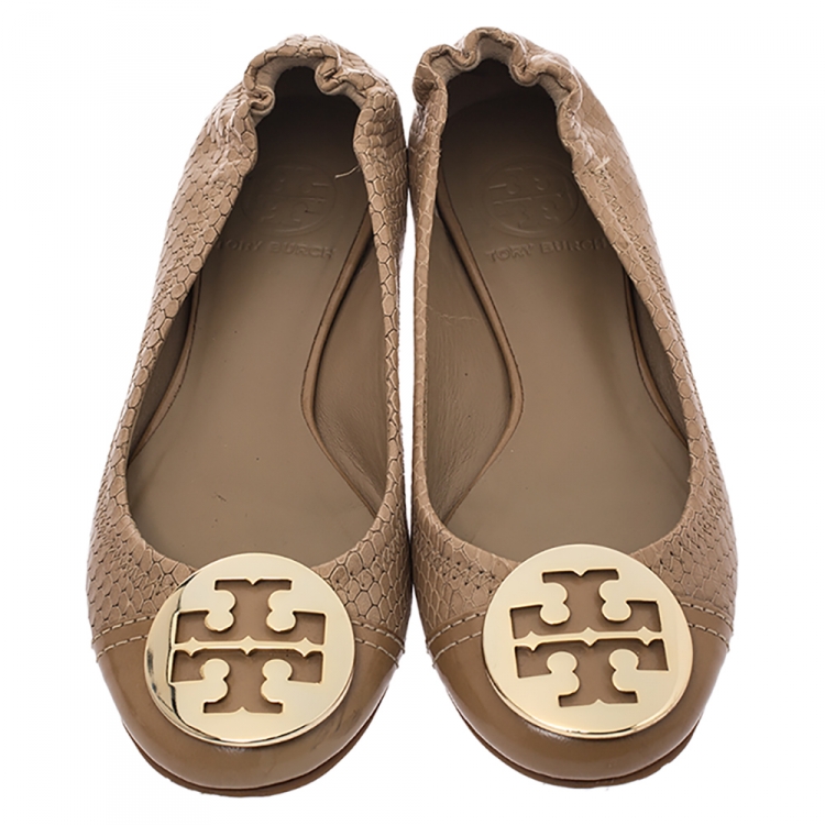 Pre Owned Tory Burch Beige Python Embossed Leather Logo Ballet Flats Size 35.5