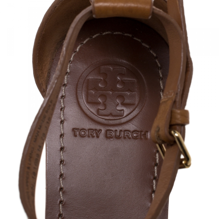 Pre Owned Tory Burch Tan Leather Phoebe Thong Ankle Strap Flat Sandals Size 38.5