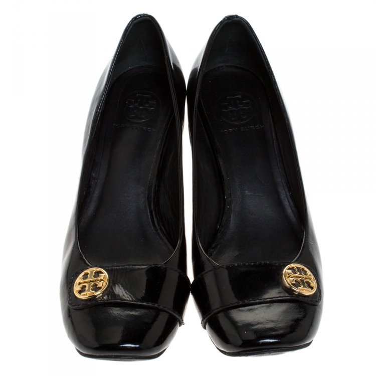 Pre Owned Tory Burch Black Patent Leather Marion Block Heel Pumps Size 39