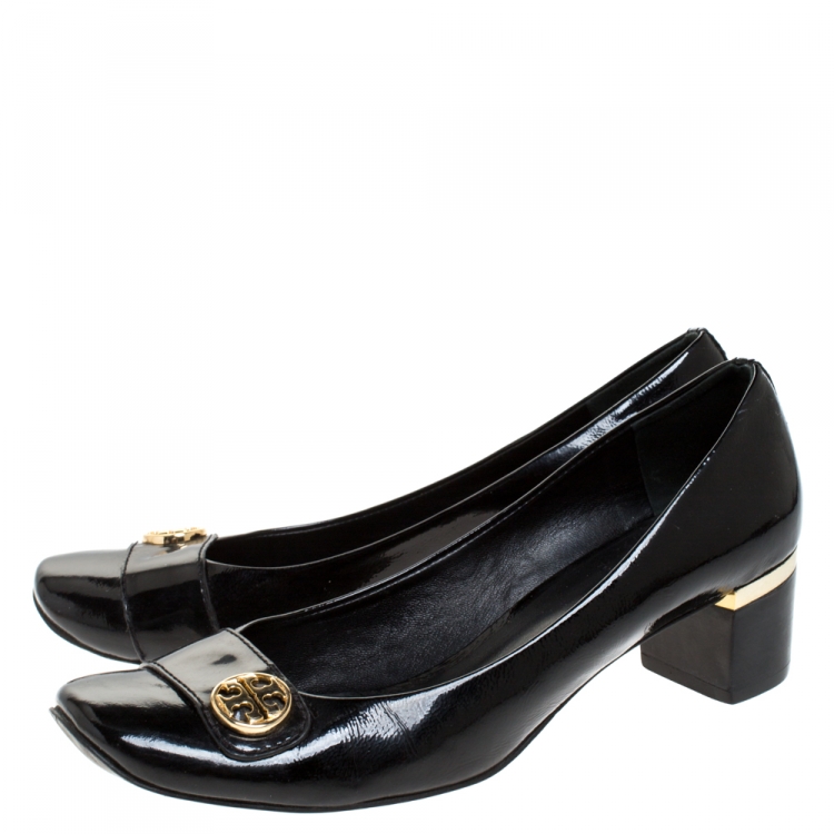 Pre Owned Tory Burch Black Patent Leather Marion Block Heel Pumps Size 39