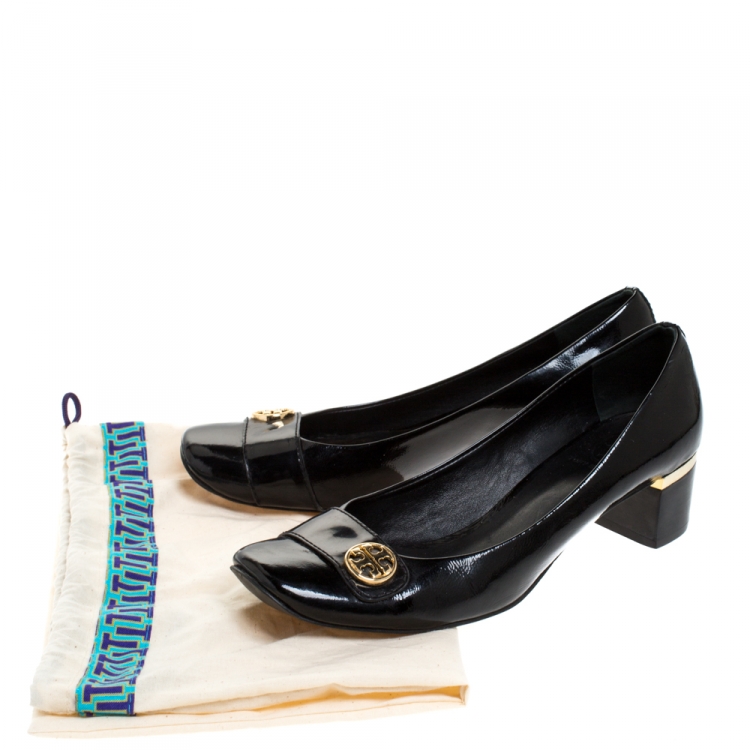 Pre Owned Tory Burch Black Patent Leather Marion Block Heel Pumps Size 39