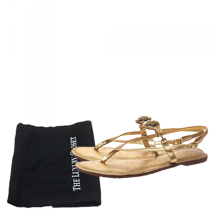 Pre Owned Tory Burch Gold Leather Ankle Strap Flat Sandals Size 39