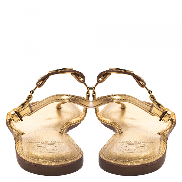 Pre Owned Tory Burch Gold Leather Ankle Strap Flat Sandals Size 39