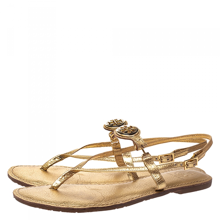Pre Owned Tory Burch Gold Leather Ankle Strap Flat Sandals Size 39