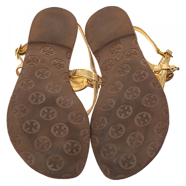 Pre Owned Tory Burch Gold Leather Ankle Strap Flat Sandals Size 39
