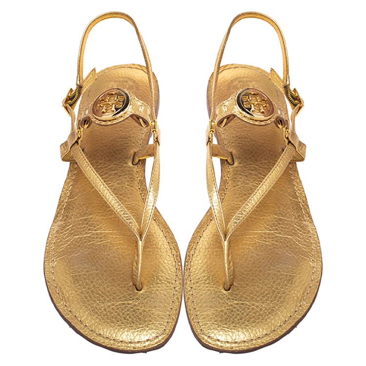 Pre Owned Tory Burch Gold Leather Ankle Strap Flat Sandals Size 39