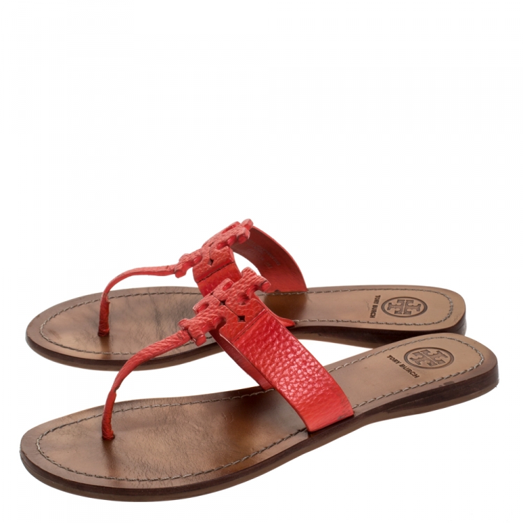 Pre Owned Tory Burch Red Leather Moore Flat Thong Sandals Size 38