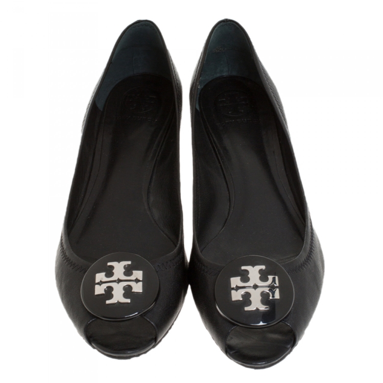 Pre Owned Tory Burch Black Leather Reva Peep Toe Wedge Pumps Flats Size 41