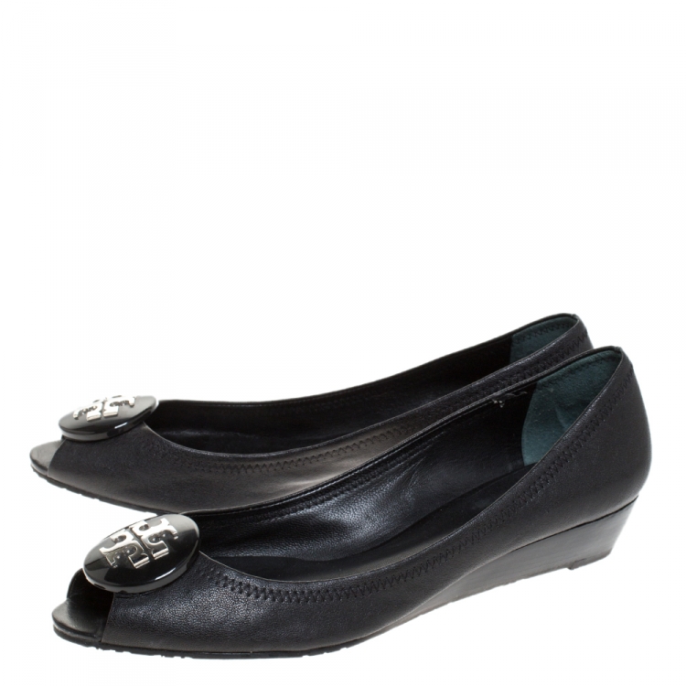 Pre Owned Tory Burch Black Leather Reva Peep Toe Wedge Pumps Flats Size 41