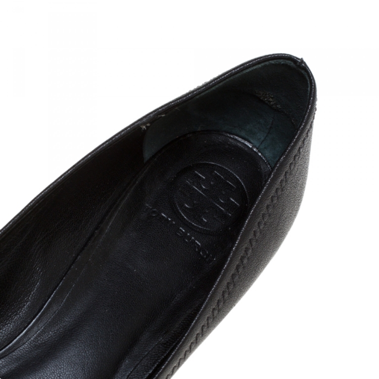 Pre Owned Tory Burch Black Leather Reva Peep Toe Wedge Pumps Flats Size 41